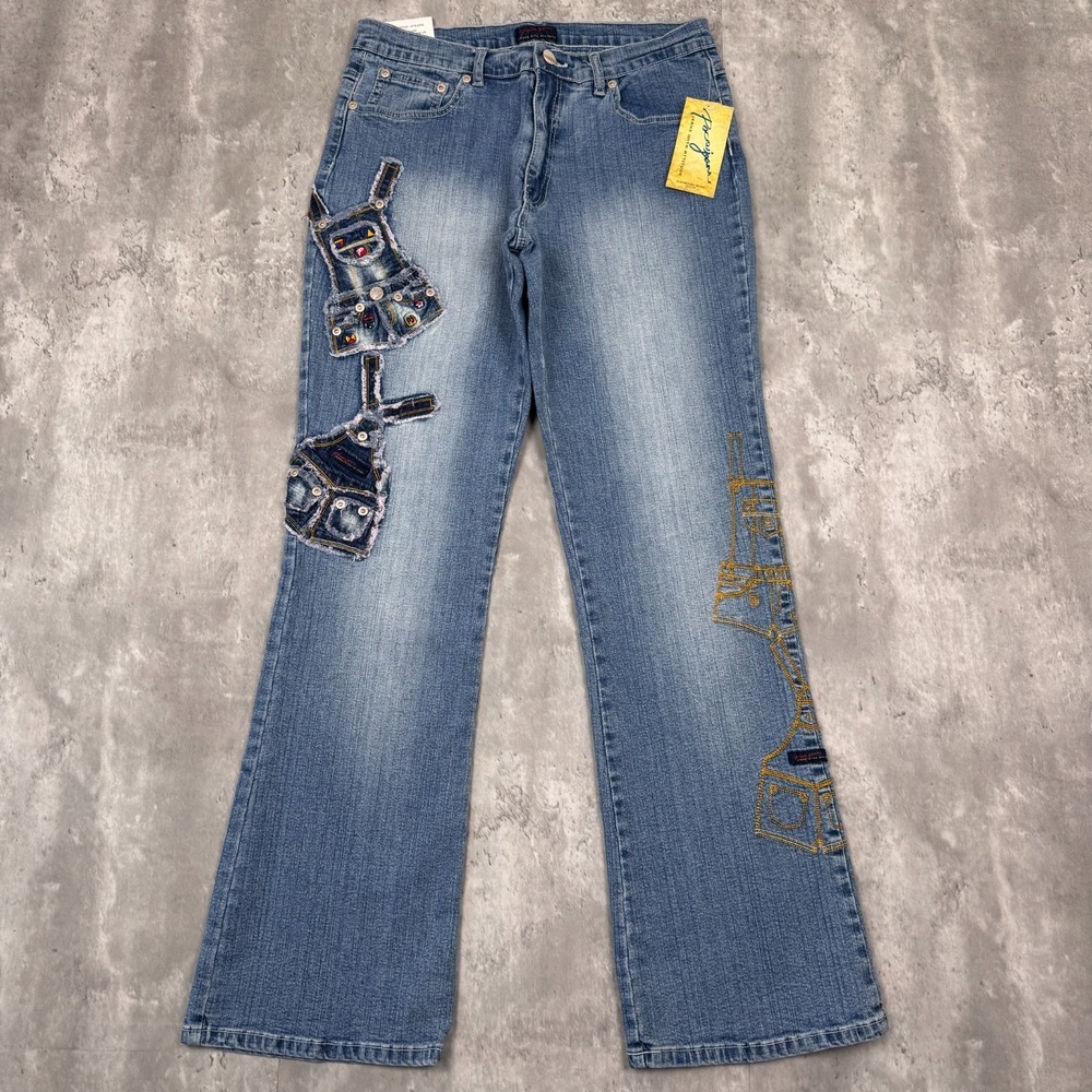 Vintage Paco Jeans Womens 13 Blue Embroidered Flare Bootcut Distressed Y2K NWT
